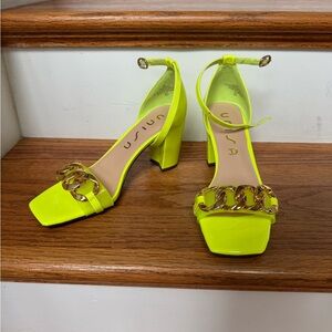Unisa Neon Yellow Patent Block Heel Sandals with Gold Chain